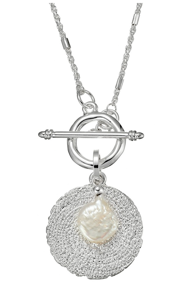NATALIE Silver fancy chain with etched disc with fresh water pearl